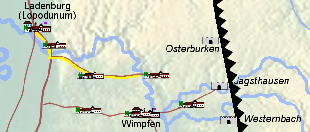 "Agri Decumates Karte" (Quelle: Wikimedia 1. Mai 2014, Lizenz: FDL 1.2) mit eingefügter Markierung der "Römerstraße" (gelb)