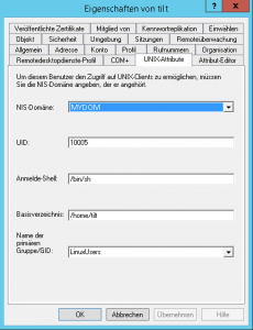 Reiter UNIX-Attribute in ADUC auf Windows Server 2012
