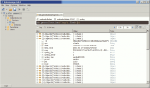 Screenshot of robomongo browsing the syslog database, showing that documents are arriving in the log collection.